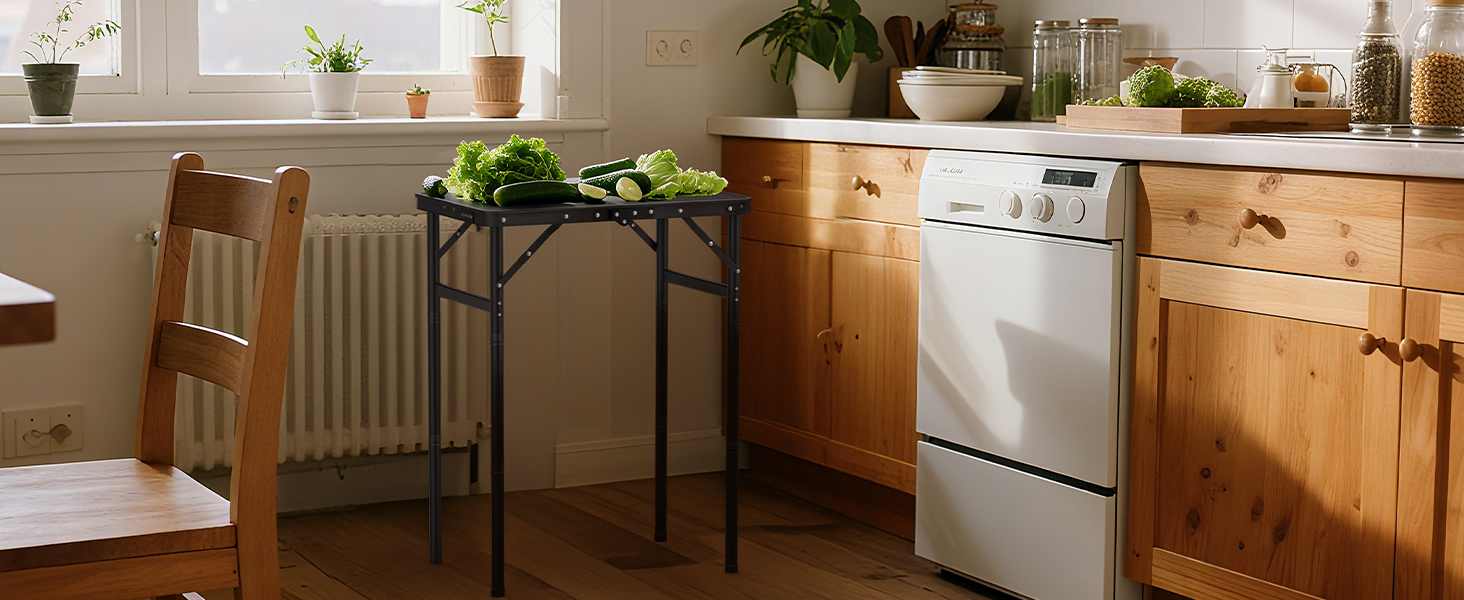 Складний кемпінговий стіл GARLLEN 60x40 см, регульована висота (27/51/75 см), чорний - для пікніка, саду, балкону, пляжу