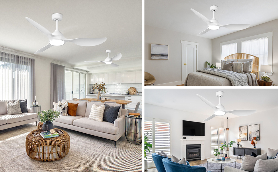 Стеляний вентилятор Reiga з підсвічуванням та пультом дистанційного керування 132 см, тихий реверсивний двигун, 6 швидкостей, таймер, регульована яскравість та 3 колірні температури, світло-коричневі лопаті (білий, з пультом)