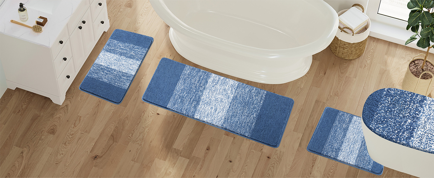 Enyhom 4-Piece Microfiber Bath Mat Set - Non-Slip Bathroom Rugs & Toilet Lid Cover (Blue, 45x65cm, 45x120cm, 50x60cm, 48x53cm)