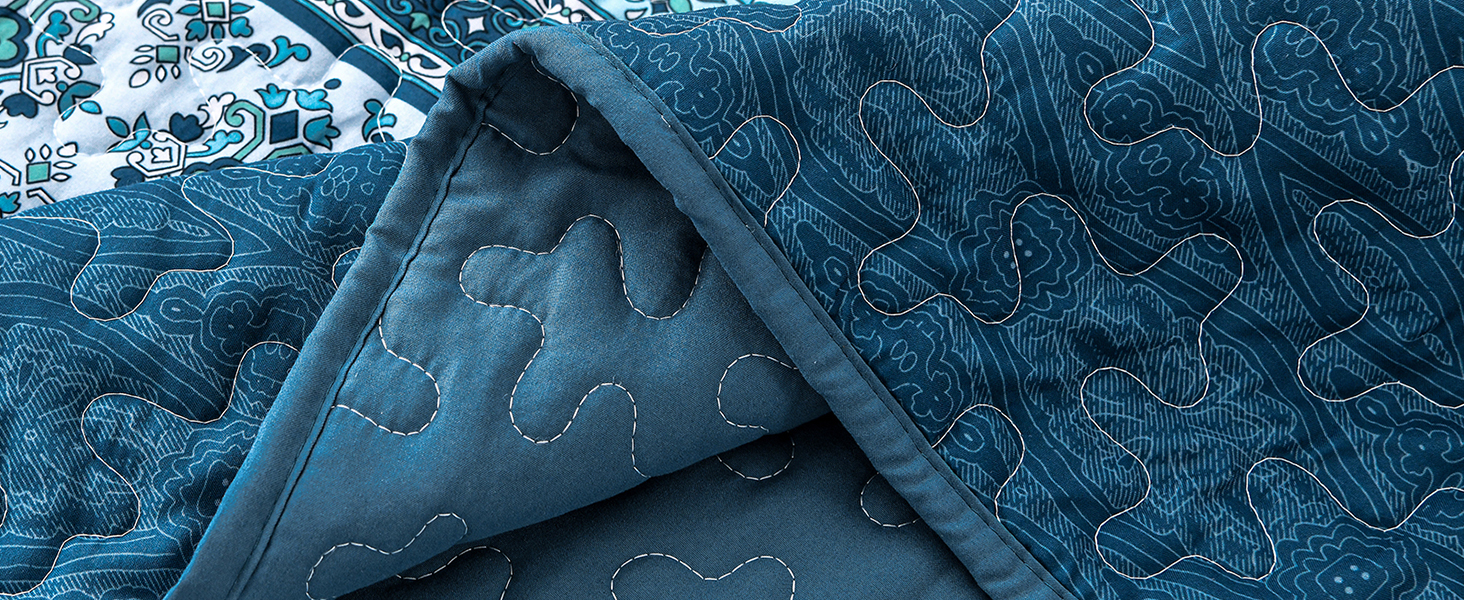 Покривало WONGS BEDDING 220x240 см, стьобане, комплект 3-в-1, мікрофібра, бохо стиль, темно-синє, з 2 наволочками 50x70 см, для двоспального ліжка або дивану