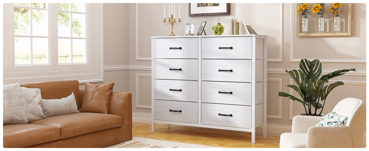 LYNCOHOME Chest of Drawers, Fabric Chest of Drawers, TV Stand Sideboard with 6 Fabric Drawers, Storage Cabinet Bedroom Drawer Chest Kitchen Organizers Furniture for Office Hallway (White-4*2l)