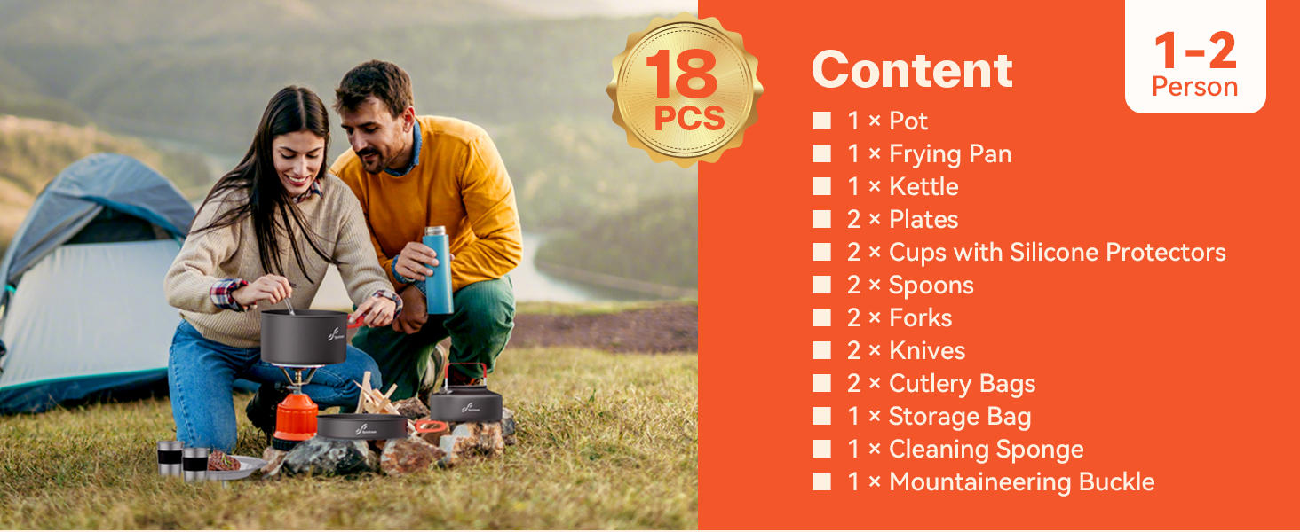 Набір посуду для кемпінгу на 2 особи: каструля, сковорода, чайник, тарілки, чашки, столові прибори (Löffel, Gabeln)