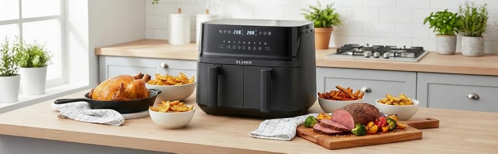 Аерофритюрниця KLAMER Duo 9L з двома незалежними кошиками, функціями Sync та Match, темно-сіра
