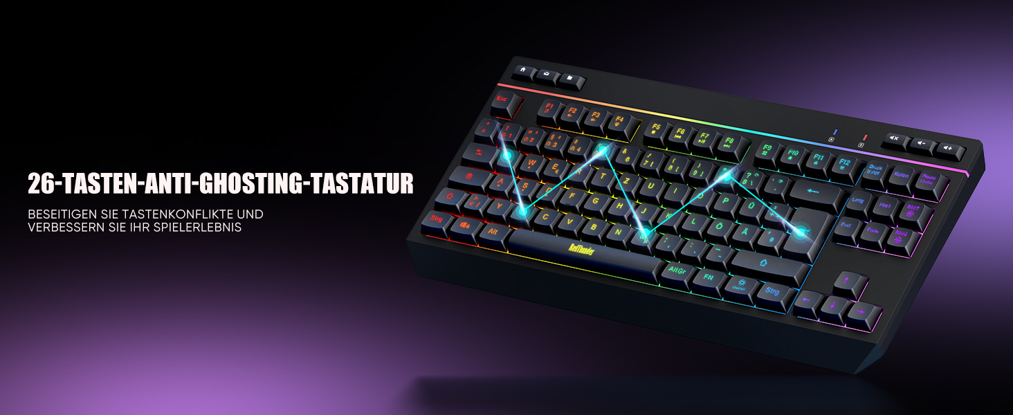 Бездротовий комплект клавіатури та миші RedThunder 75% QWERTZ RGB з підсвічуванням, для ПК Xbox PS5, чорний. Підтримка мультимедійних функцій та оптичний сенсор 7D.