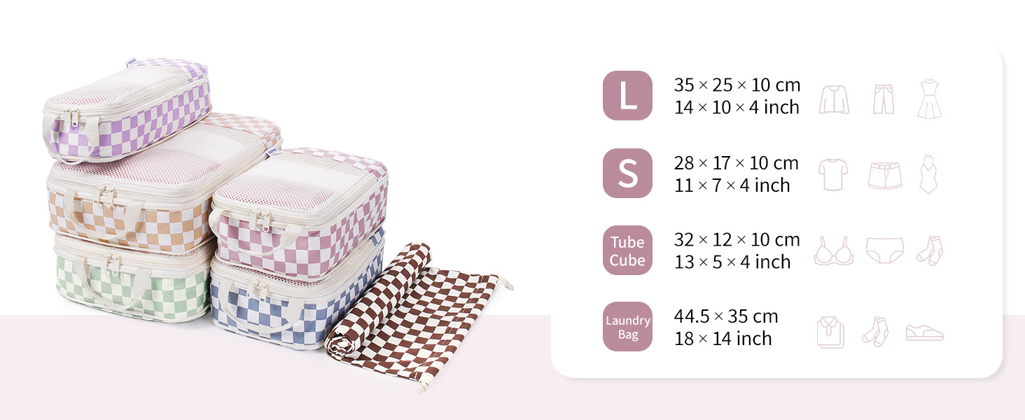 Набір органайзерів для валізи Narwey (6 шт.) - компресійні куби для пакування, рюкзак, органайзери для подорожей (в комбінованому клетчатому стилі)