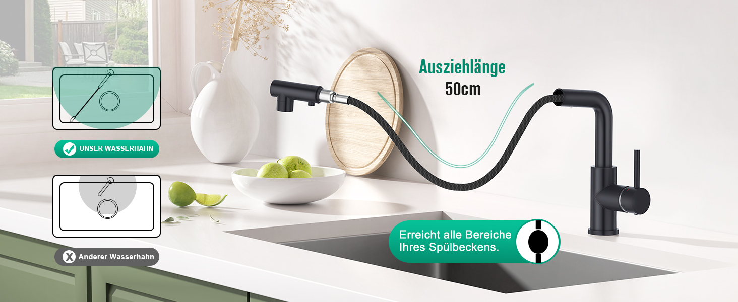 Кухонний змішувач CREA з 3 функціями: душ, висувний вилив, поворот 360°. Матовий чорний, для кухні.