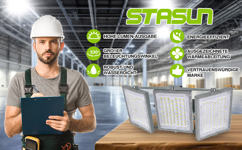 Світлодіодний прожектор STASUN 150Вт, 15000Лм, IP65, 6000K, для вулиці, саду, гаража, готелю, 3 регульовані голови