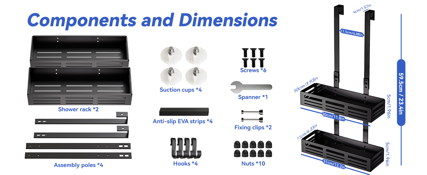 Настінна поличка для душу Hawsam з 2 кошиками та 4 гачками, без свердління, чорна