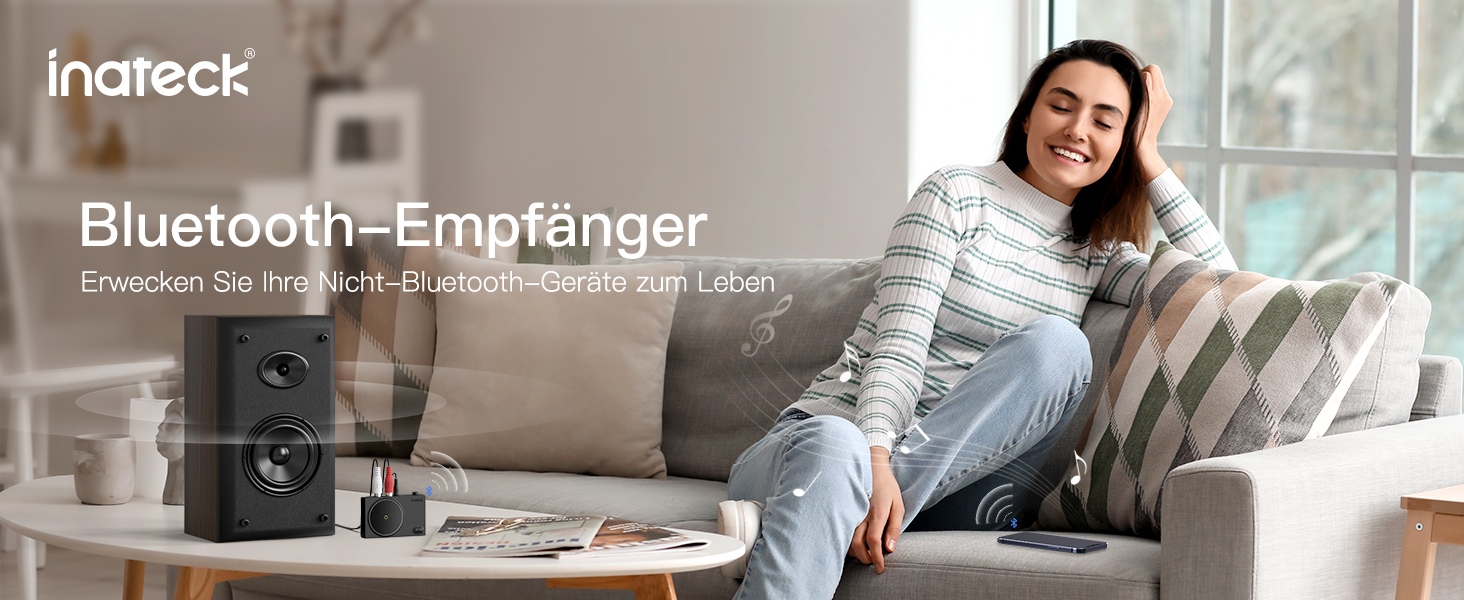 Inateck Bluetooth 5.1 Аудіо Адаптер-Приймач з RCA/3.5mm Кабелем, для Підключення до Аудіосистеми, Лаватера або Навушників, BR2001 (Тільки Приймач)