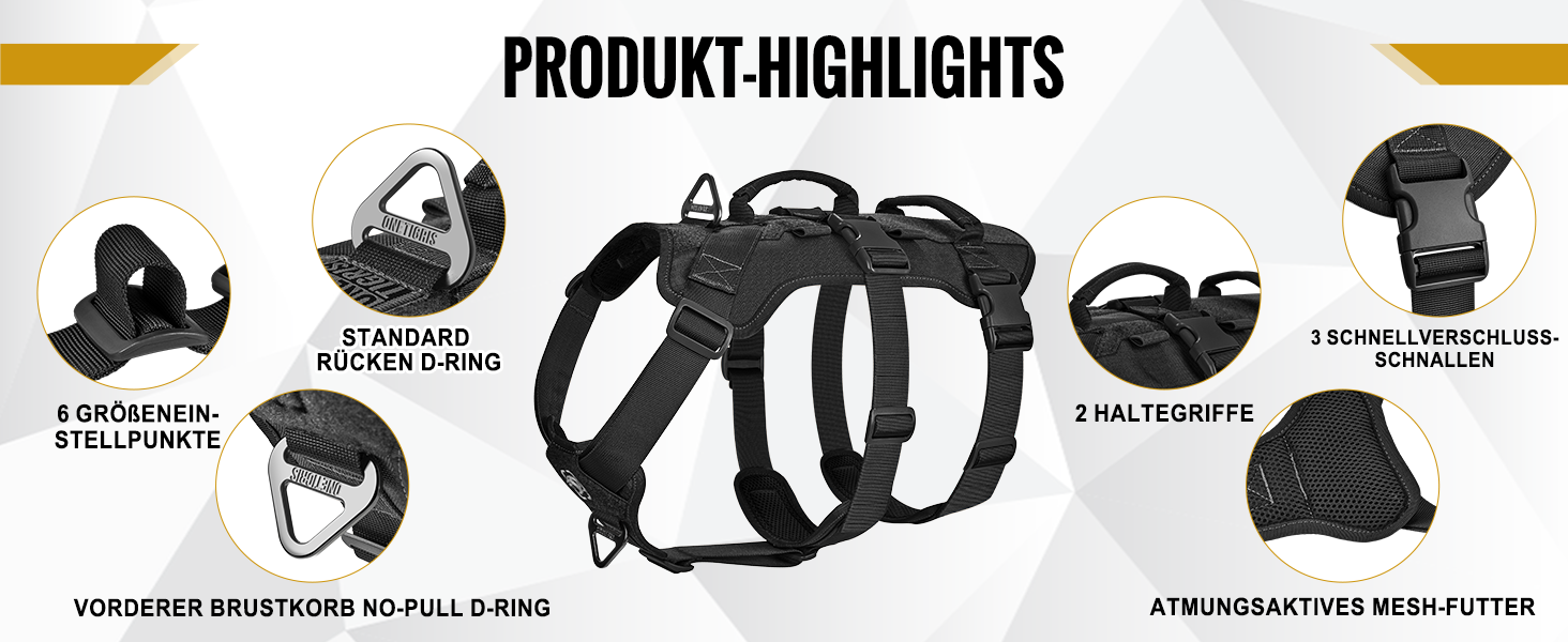 Шлейка для собак OneTigris T-Bone, тактична, з двома ручками, чорна, M (14-27 кг)