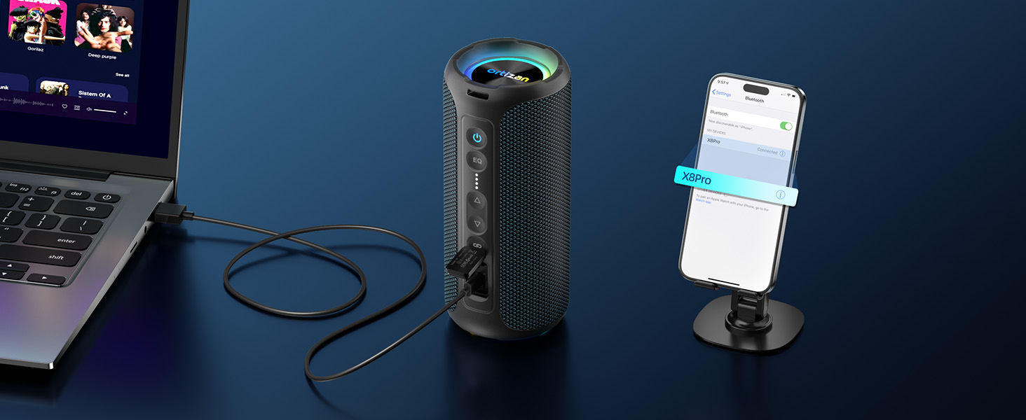 Ortizan X8Pro 40W Bluetooth колонка з мікрофоном, RGB підсвічуванням, водонепроникна IPX7, 30 годин програвання - Navy