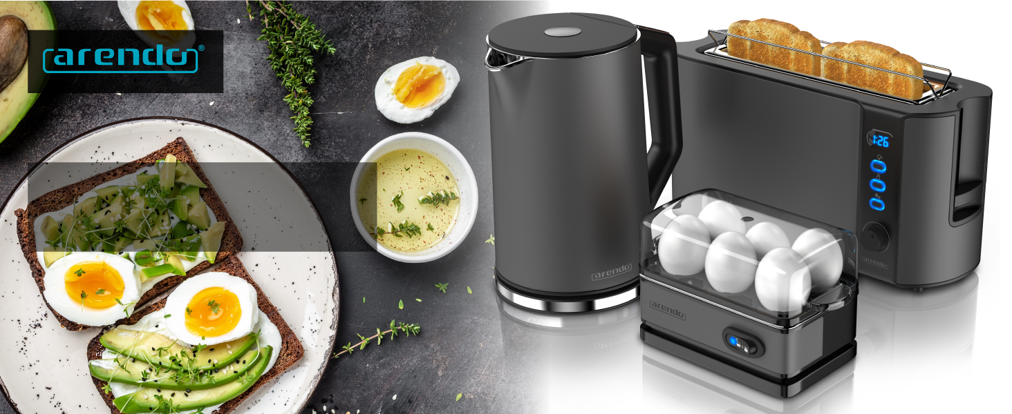 Набір чайник та тостер Arendo: чайник 2200W, 1,5L, регулювання температури, тостер 1000W на 2 тости/булочки, яйцеварка на 1-6 яєць, BPA free, колір: сірий