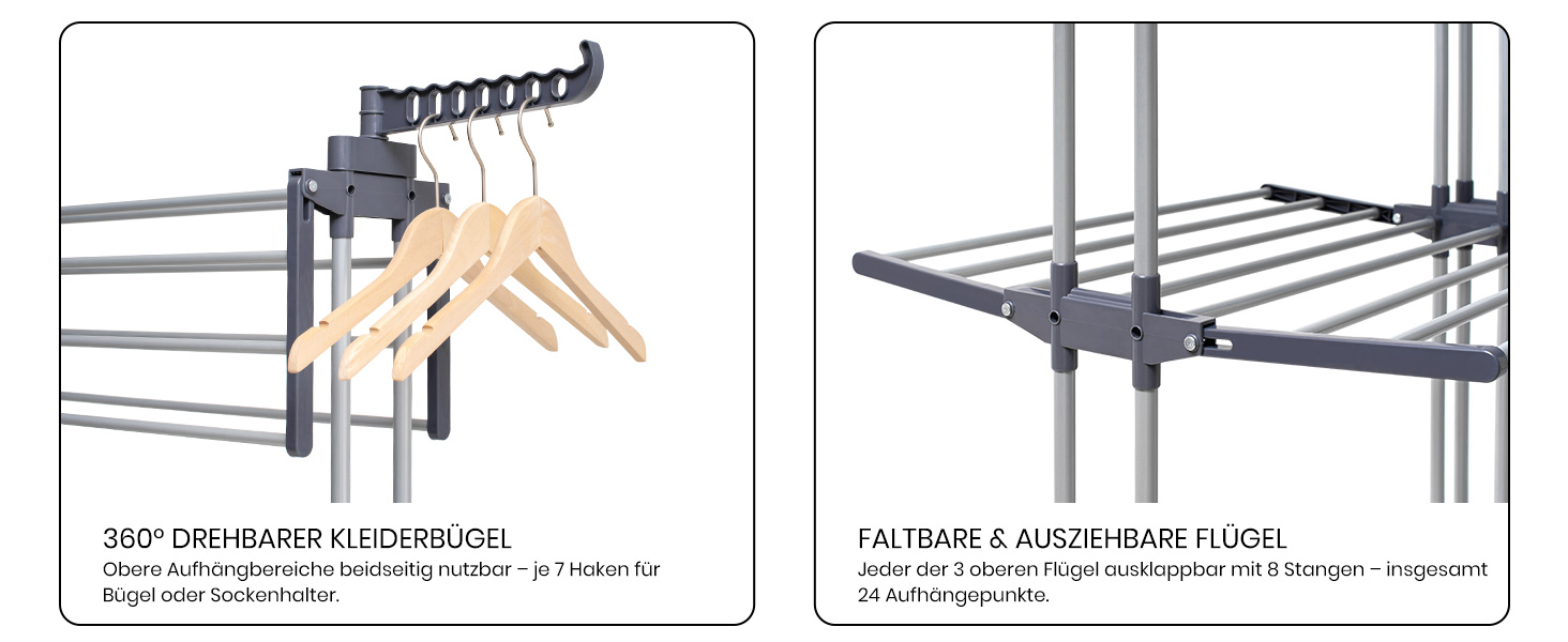 Сушарка для білизни Oak & Tea Tower, 83-200 см, з висувними крилами, XXL, 4 яруси, на коліщатках, для дому та вулиці, сіра