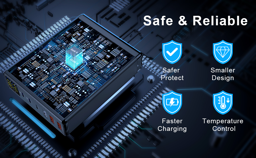 Зарядний пристрій USB 6 портів з LCD екраном, GaN швидка зарядка USB-C, сумісний з MacBook, iPad, iPhone 16/15/14/Pro/Max, Samsung Galaxy S23 (Чорний)