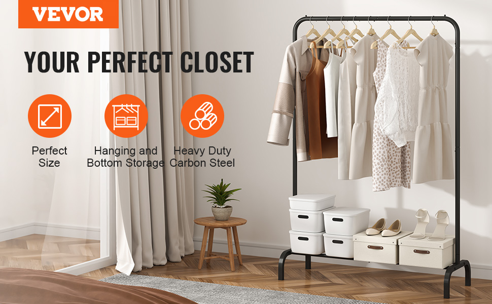 VEVOR Clothes Rack Wardrobe Rack 1 Clothes Rod, Durable Clothes Rack Black 400 x 1010 x 1510 mm Clothes Rack for Bedroom, Laundry Room, Dressing Room, Entrance, etc.
