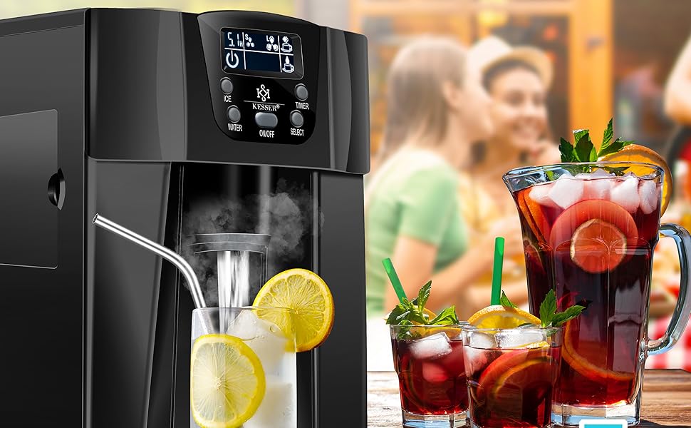 Машина для приготування льоду KESSER® з нержавіючої сталі, 100W, 12 кг/24 год, 2 розміри кубиків, 6 хв приготування, 2 л резервуар, таймер, LCD-дисплей, чорний