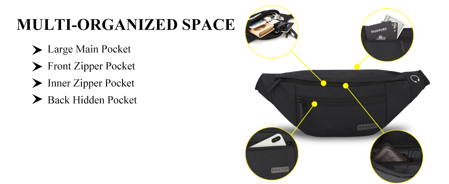 Чоловіча/Жіноча поясна сумка MAXTOP для активного відпочинку, спорт, подорожі (4 відділення, водонепроникна, чорна)