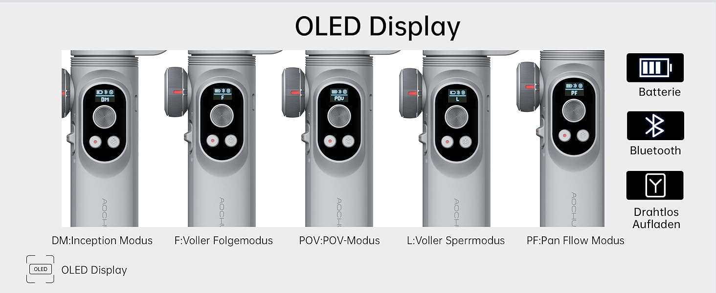 Стабілізатор для смартфона AOCHUAN 3-осьовий з RGB-підсвічуванням, для iPhone/Android, з функцією трекінгу обличчя, комплект Smart X Pro (Сірий)