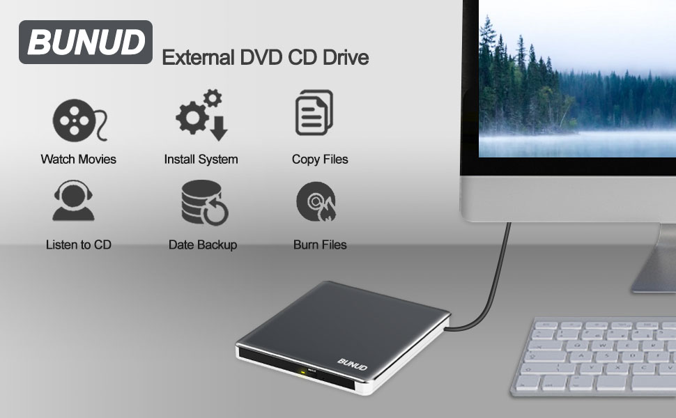 Зовнішній CD/DVD привід BUNUD USB 3.0 та Type-C, портативний DVD-брунер з картридером SD/TF та 2 USB-портами для ноутбука, PC, iMac, Windows та macOS, сіро-білий