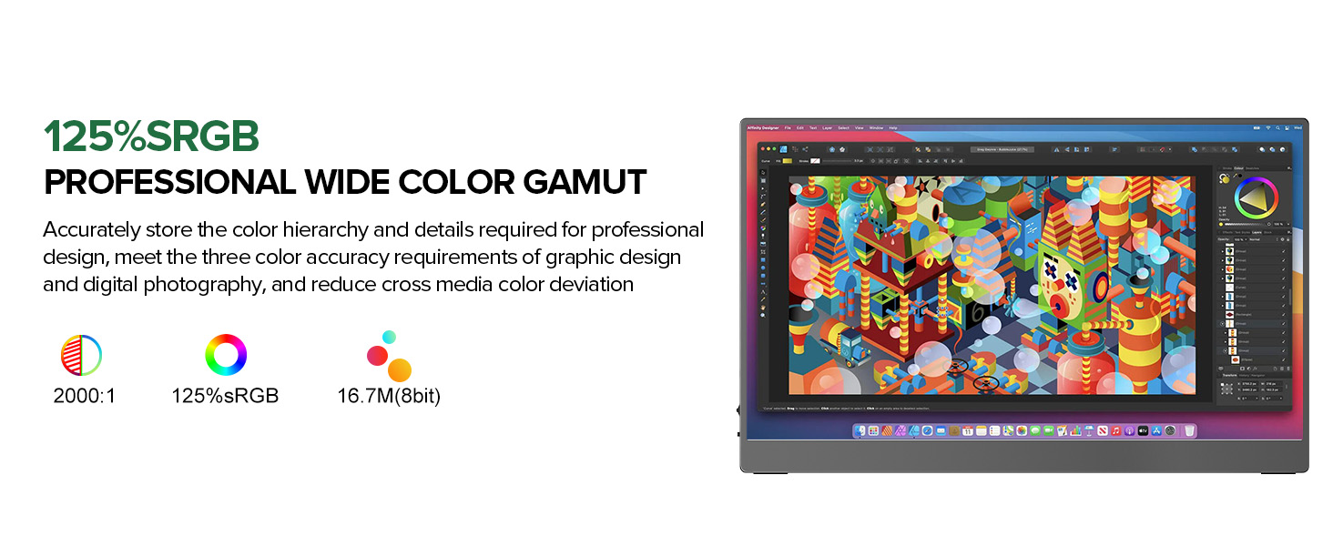 UPERFECT Портативний монітор з сенсорним екраном 15.6' FHD, 125% sRGB, матове покриття, 2000:1 контрастність, VESA, Dual USB-C, для ноутбука/телефону/ігрової консолі