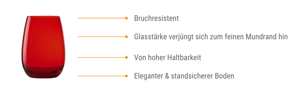 Stölzle Lausitz ELEMENTS Glasses 465 ml Red I Drinking Glasses 6-Piece Set I Dishwasher-Safe Glass Set I High Impact Resistance I Universal Glasses as Water Glasses, Juice Glasses, Whiskey Glasses