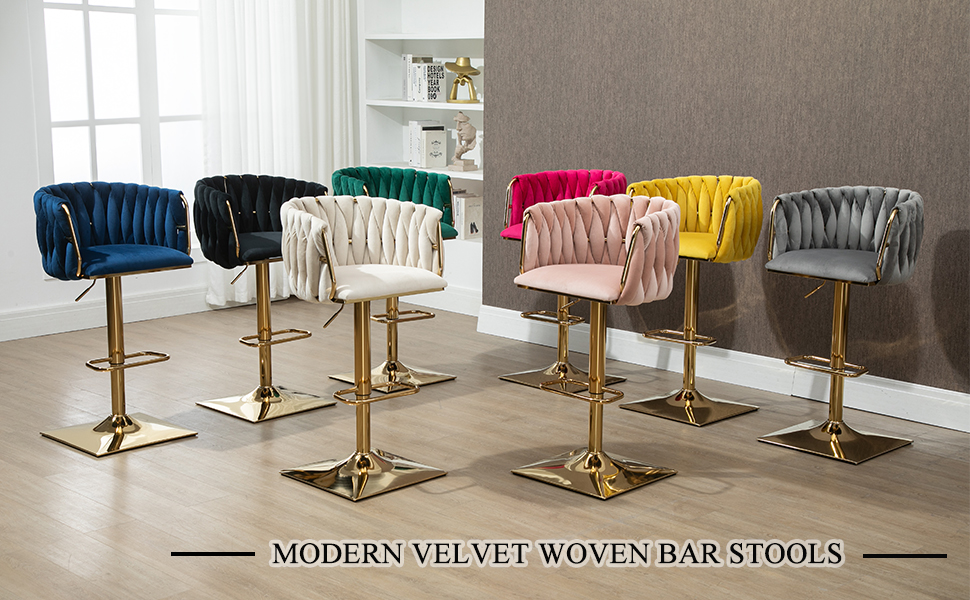 Emerald Velvet Bar Stools 2-Pack - Adjustable Swivel Kitchen Barstools with Backrest for Kitchen & Home Bar