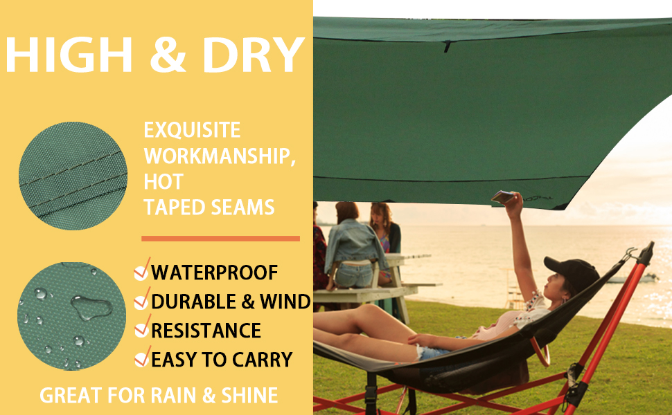 Водонепроникна тента Tarp 3.7 x 4.3 м з підтримкою, ультралегка, з отворами, штирями, нейлоновою мотузкою, захист від УФ та дощу, для наметів, гамаків, подвір'я, сонцезахисту на пляжі (зелена)