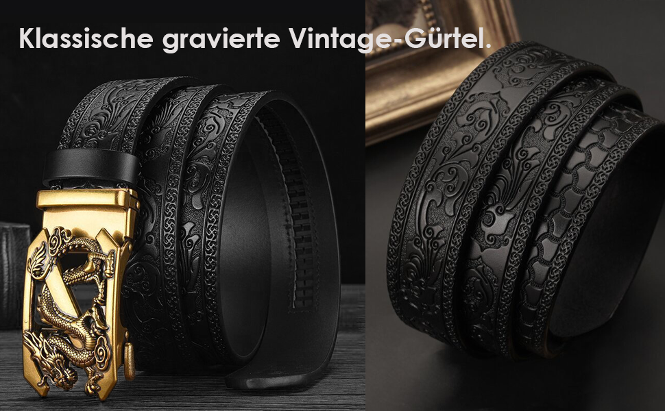 Чоловічий шкіряний ремінь з гравіюванням, вінтажний, з логотипом дракона, автоматична застібка, чорний, 122.5 см