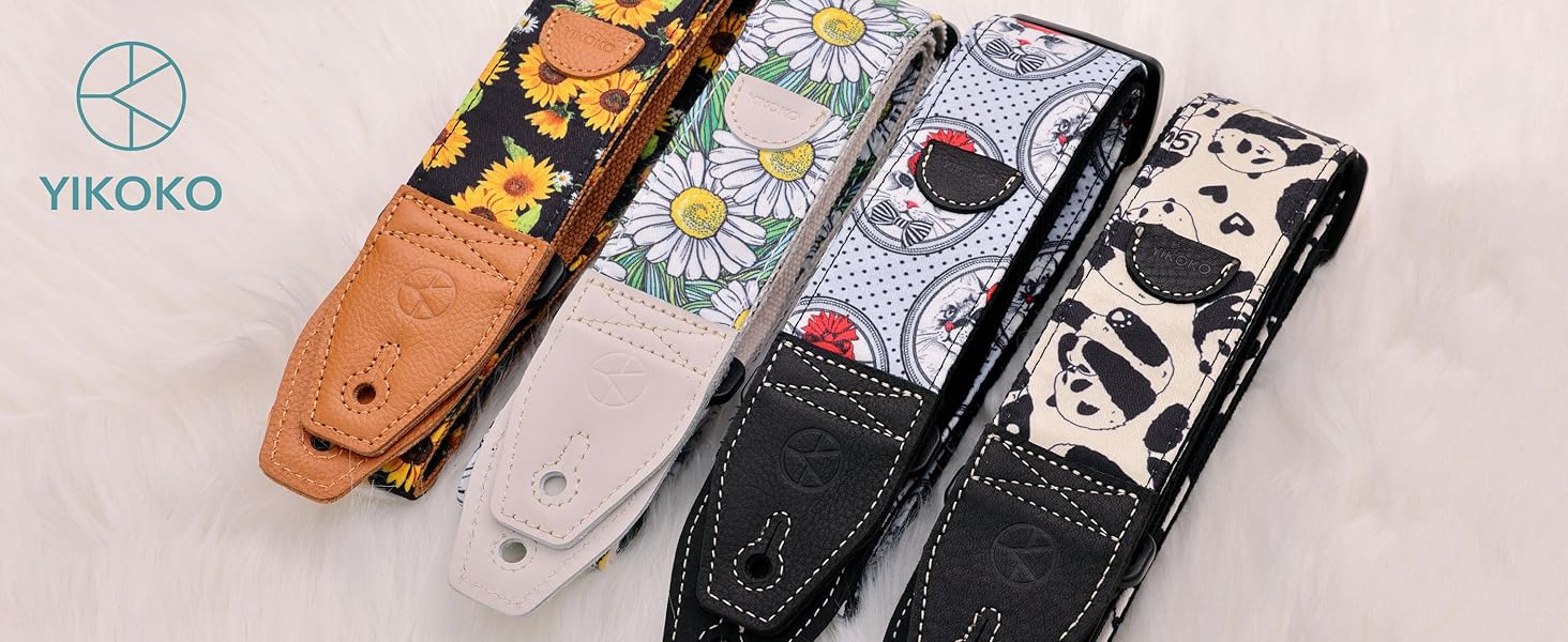 Гітарний ремінь 5,1 см з бавовняним друком, квітковий принт, з повним шкіряним кінцем, для бас-гітари, електро- та акустичної гітари, безкоштовна кнопка для ременя, фіксатори для ременя та медіатори. Жовті ромашки