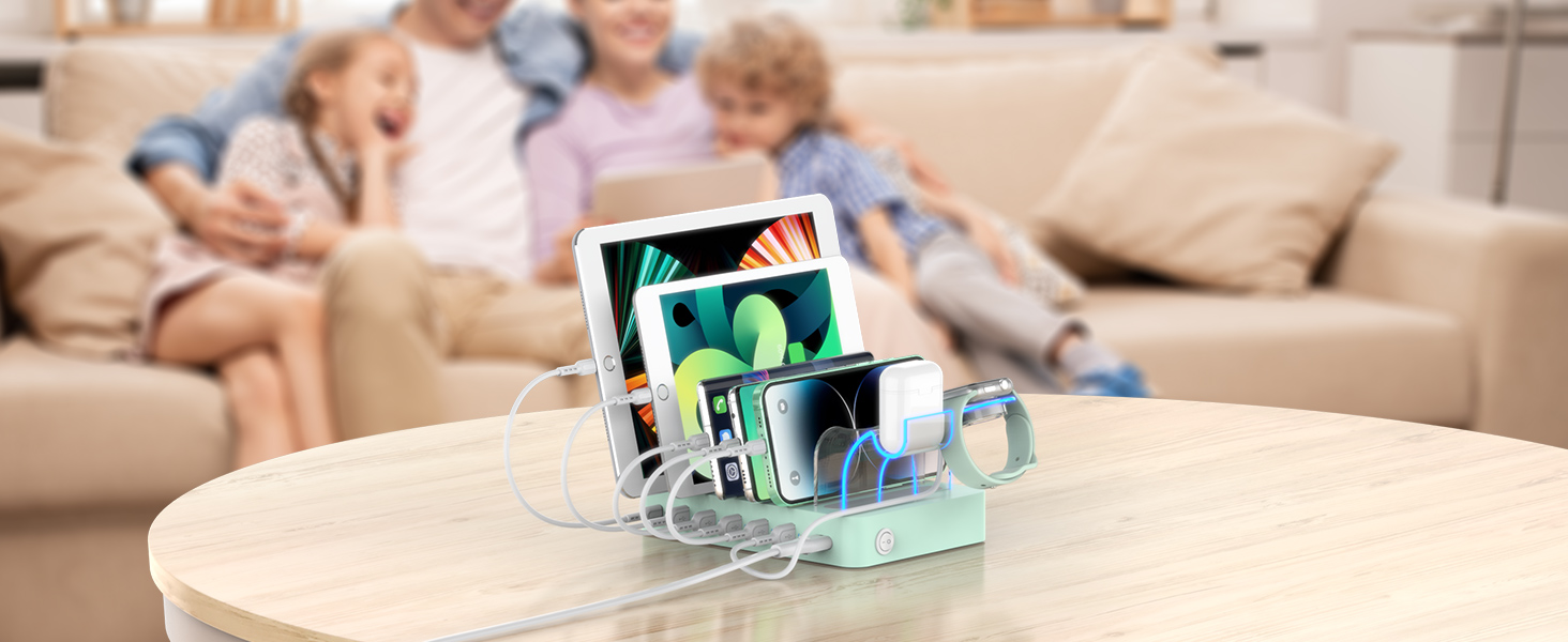 Зарядна станція SooPii USB 60W/12A, 6 портів, органайзер для декількох пристроїв з тримачем для Apple Watch, 6 кабелів для телефонів, планшетів та інших електронних пристроїв. Зелена