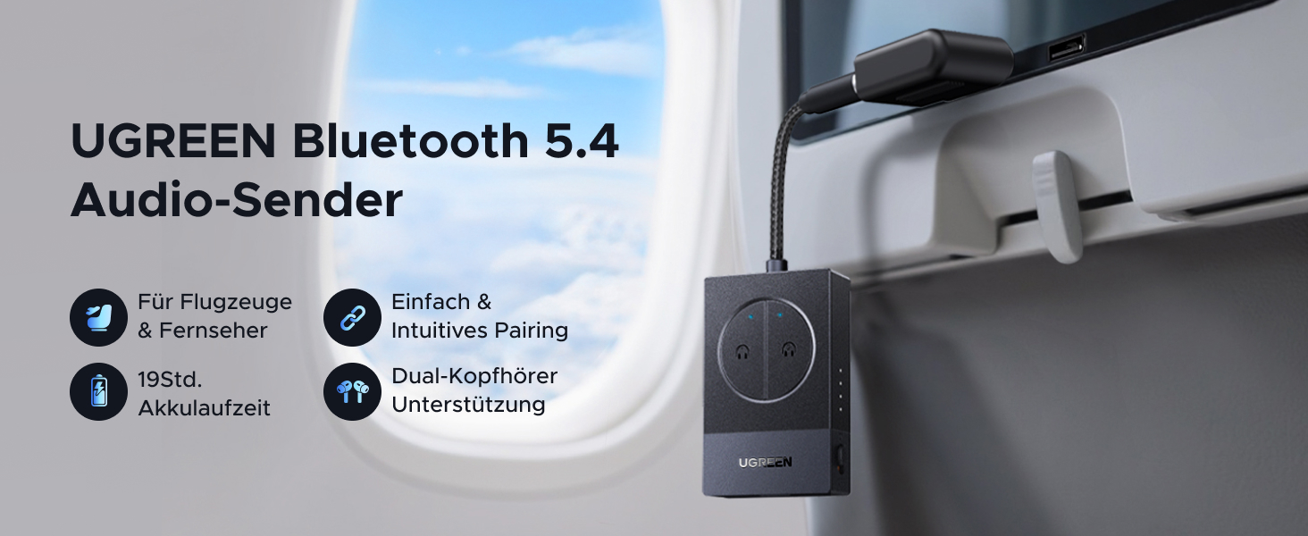 UGREEN Bluetooth адаптер-трансмітер 5.4 для літака та автомобіля, передавач аудіосигналу з роз'ємом 3.5 мм (Jack) для Airfly