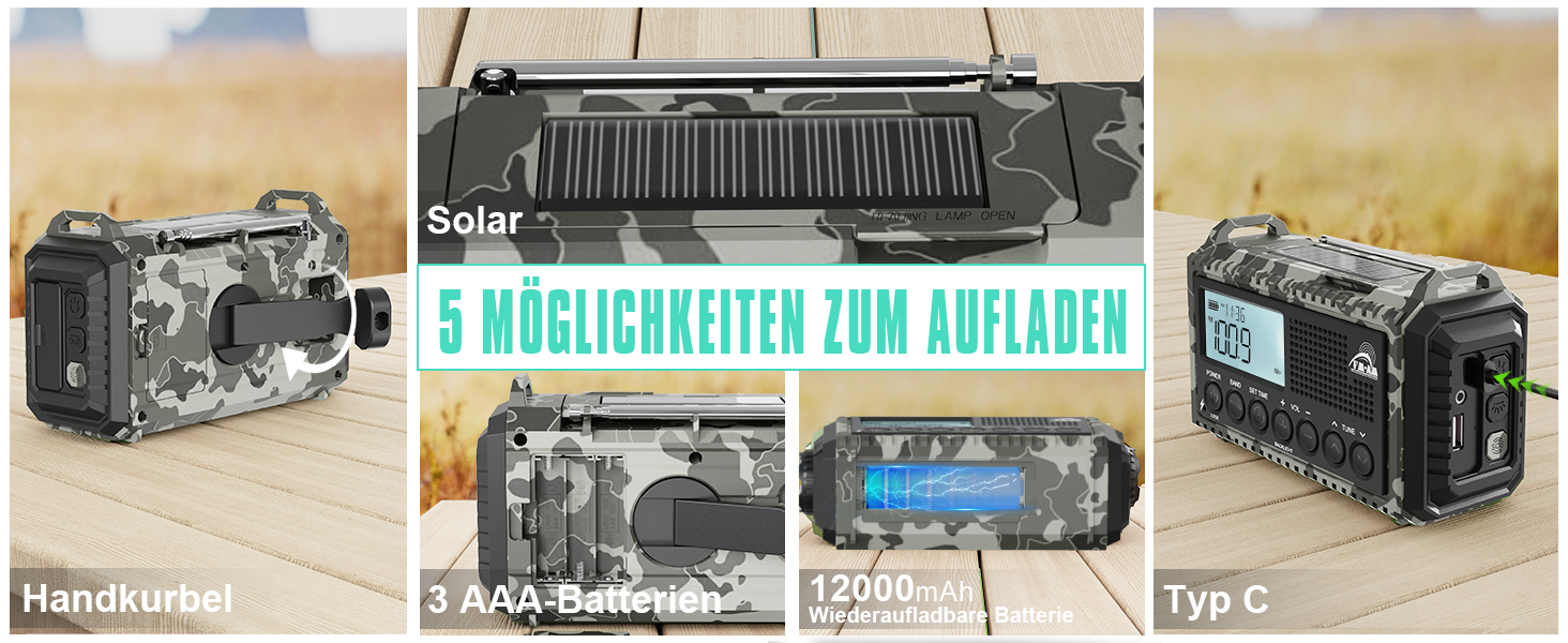 Радіо на механічній ручці з сонячною панеллю та Powerbank 12000mAh | AM/FM/SW радіо для надзвичайних ситуацій, зарядка USB-C, SOS-сигнал, ліхтарик та лампа для читання | Водонепроникне, портативне для кемпінгу, туризму (Сірий камуфляж)