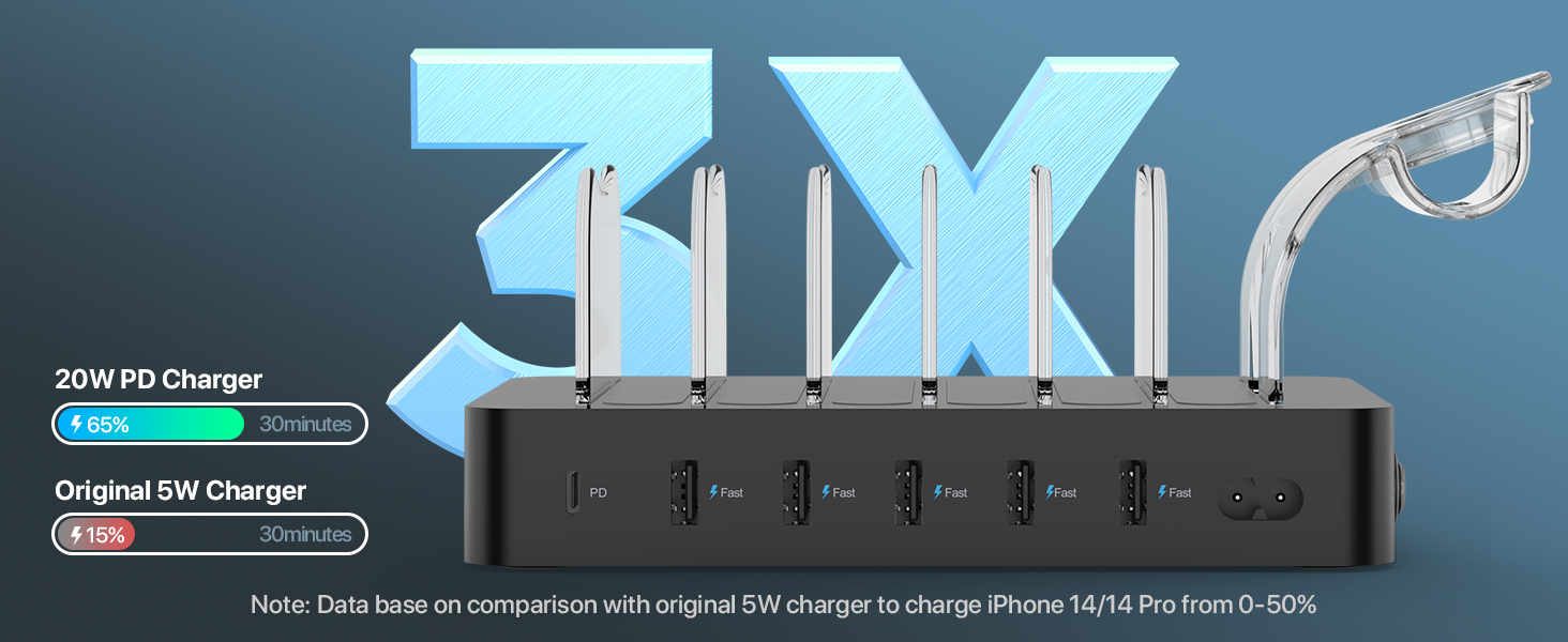 Зарядний хаб SooPii USB 60W/12A з 6 портами, органайзер для декількох пристроїв, з тримачем для Apple Watch, 6 кабелів у комплекті (Чорний)