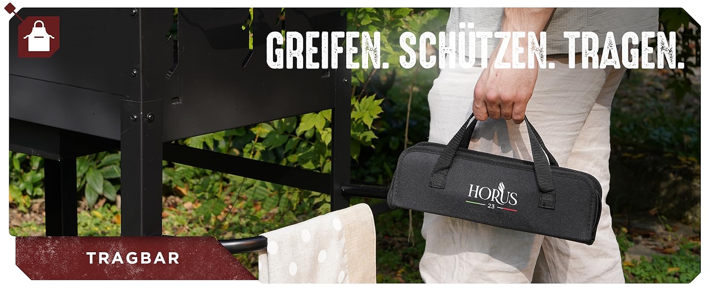 HORUS 23 Набір аксесуарів для гриля – 4 предметний набір: щипці, лопатка, виделка та термостійкий рукавичка