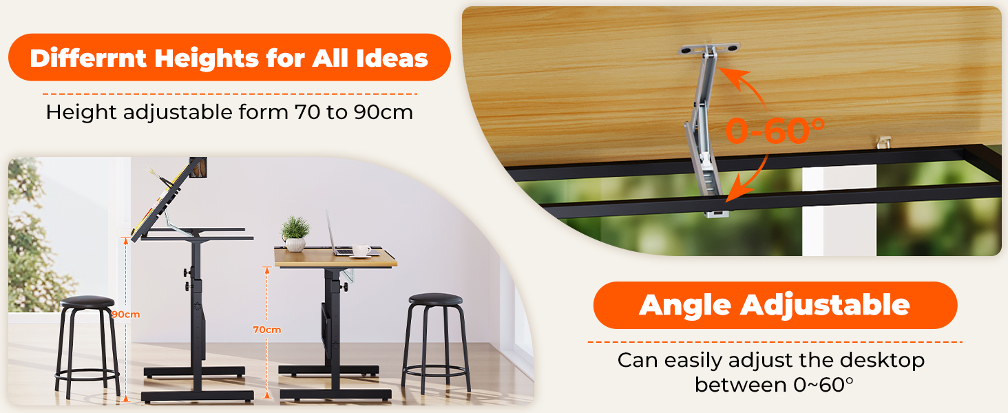 Adjustable Drafting Table with Tilt - 0-60° - Drawing Table, Computer Desk with Stool & Storage Cabinets - Wood Finish