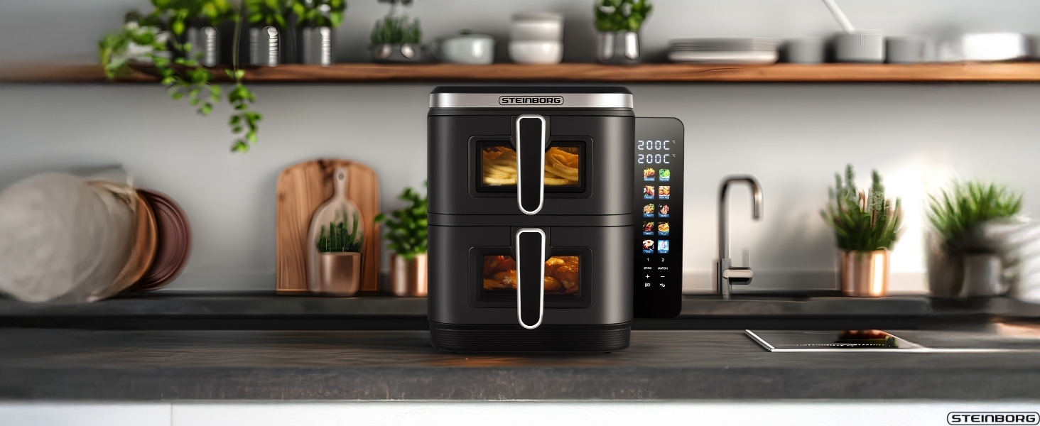 Фритюрниця Steinborg® з подвійною камерою, 11 літрів, фритюрниця без олії, гриль, духовка, сушка, 2 вертикальні шухляди (5,5л+5,5л)