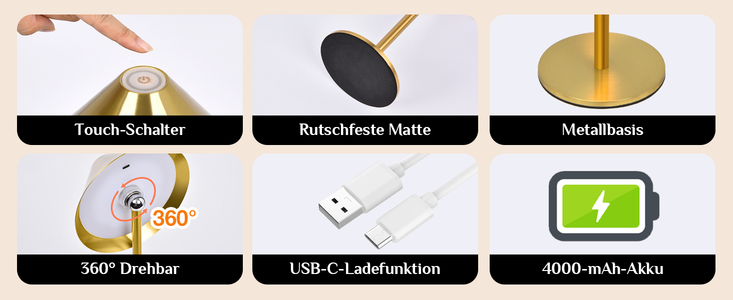 Світлодіодний настільний світильник Rosnek бездротовий, акумуляторний 4000 mAh, диммується, з магнітним кріпленням 360°, 3 режими освітлення, для дому та вулиці (Золотий, 2 шт)