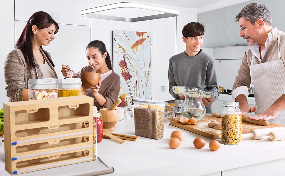 Диспенсер для харчової плівки 5 в 1 з дерев'яною коробкою та різаком, органайзер для кухні