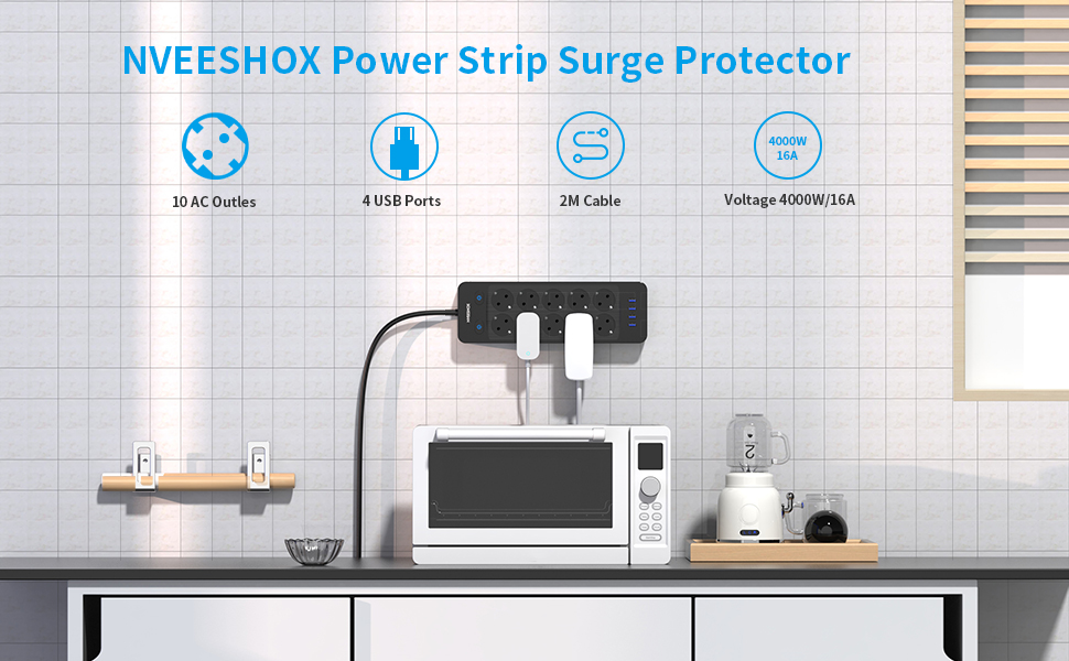 Мережевий фільтр NVEESHOX з 10 розеток, 3 USB-A та 1 USB-C (20W PD), з індивідуальними вимикачами, захист від перенапруги, 2м, для дому та офісу (Чорний)