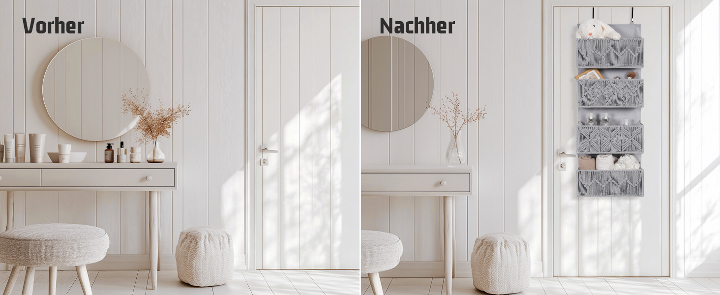 Органайзер для дверей з 4 кишенями, Бохо декор, настінна полиця-органайзер з 2 гачками, для спальні, дитячої кімнати, ванної (4 кишені-сірий)