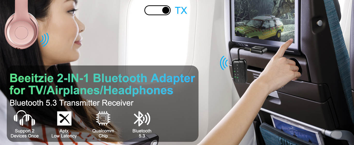 Bluetooth 5.4 адаптер 2-в-1 (передавач та приймач) Pro 2026, бездротовий аудіо-адаптер для ТБ, ПК, авто та Nintendo Switch, підтримка 2-х навушників, AUX, чорний