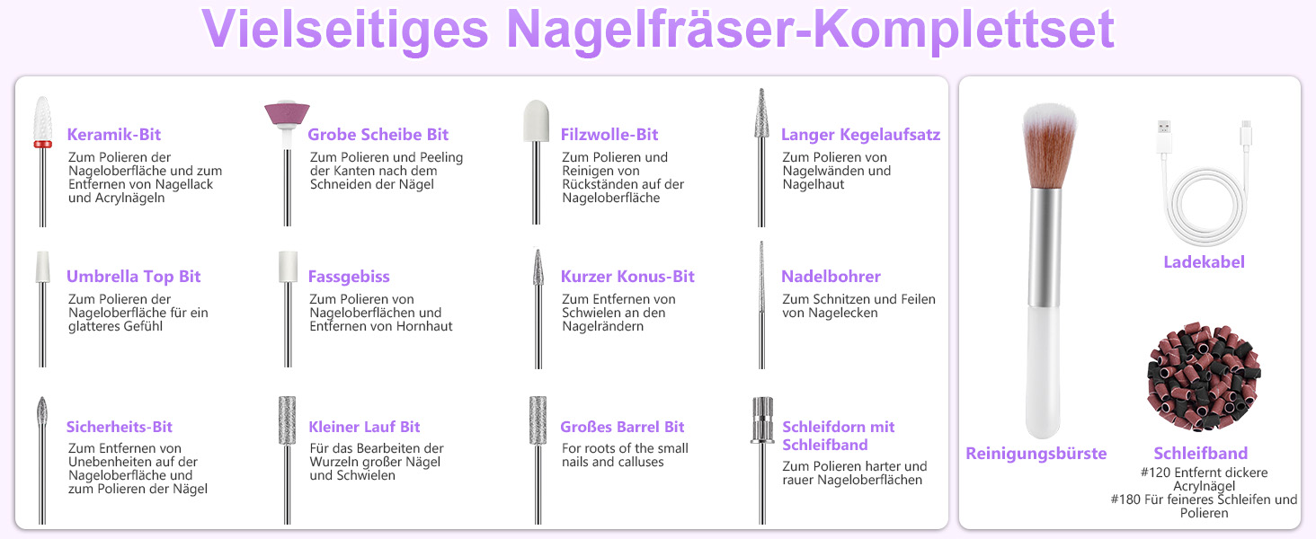 Електричний фрезер для нігтів бездротовий - 12 в 1, 35000 об/хв, для гелю, акрилу, манікюру та педикюру, фіолетовий