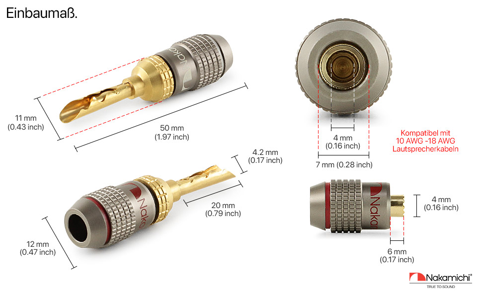 Бананові роз'єми Nakamichi FanLock Excel-Serie, 24K позолочені BFA коннектори для акустичних кабелів 10-18 AWG, 4 мм, для Hi-Fi стерео та домашнього кінотеатру, 4 шт (2 пари)