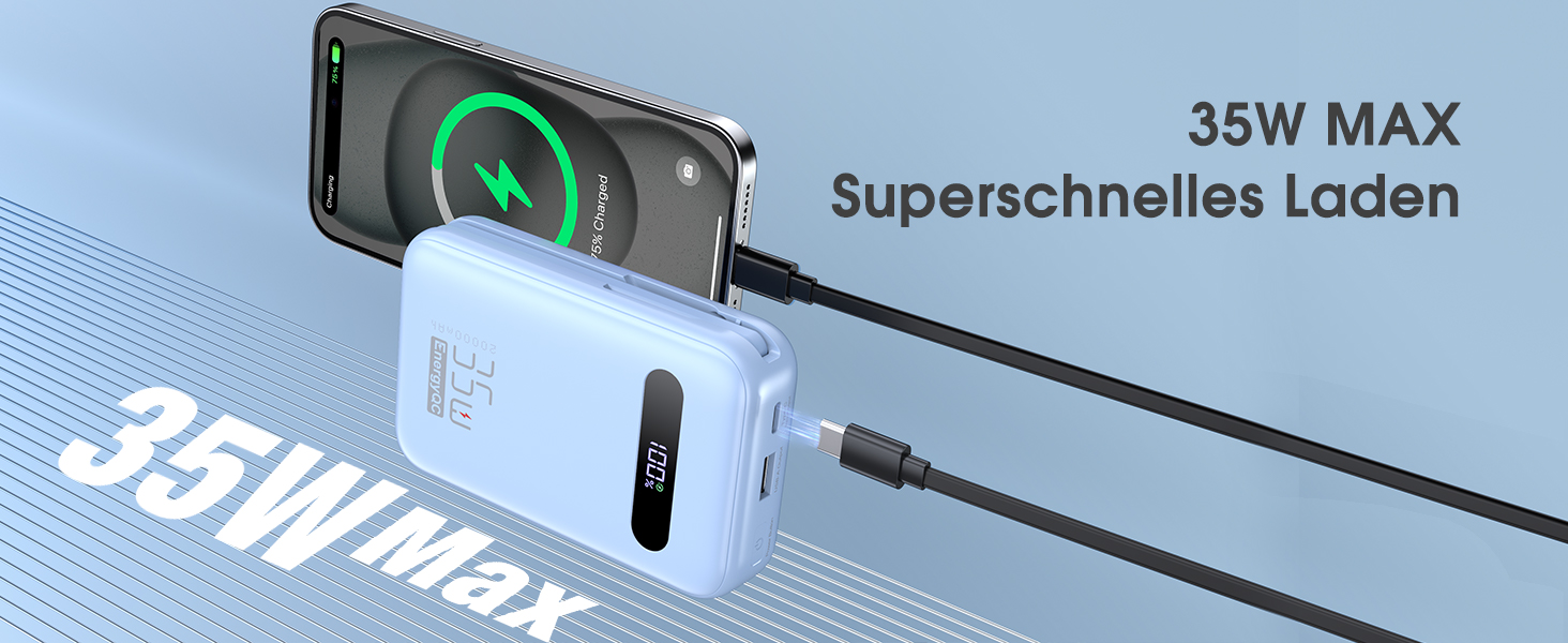 Powerbank 20000mAh з PD 35W, USB-C, LED дисплеєм та кабелями для iPhone, Samsung, Huawei