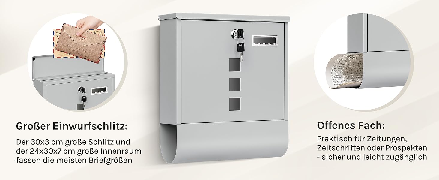 Поштовий ящик WOLTU з газетницею та оглядовим вікном, персоналізований, настінний, з замком та 2 ключами, сірий, 37x37x10.5 см