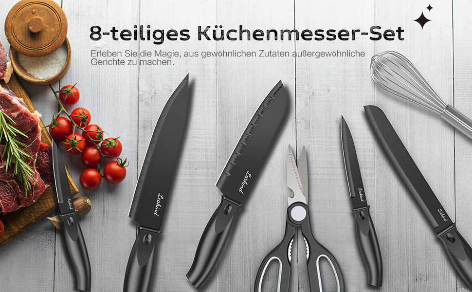 Набір кухонних ножів Messerblock Set, 8 предметів: ножі, ножиці, підставка для ножів. Ідеально для нарізання м'яса та овочів. Прозора підставка.