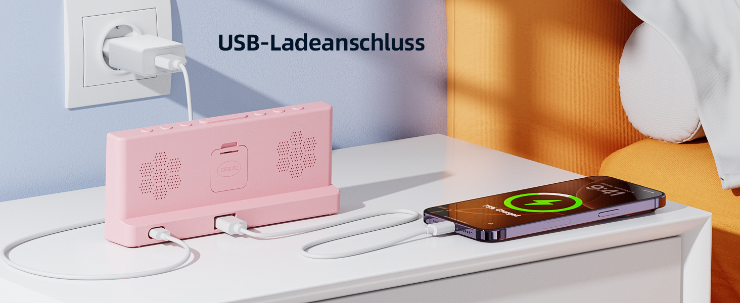 Цифровий будильник LATEC з 2 сигналами, функцією Snooze та USB-портом, 4 рівні яскравості, регулювання гучності, мережеве живлення (Рожевий)