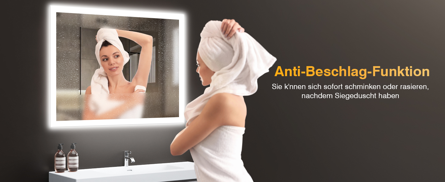 Дзеркало для ванної кімнати з підсвічуванням 50x70 см, LED, антизапарник, 2 кольори світла (3000K/6500K), прямокутне, горизонтальне/вертикальне, без рами