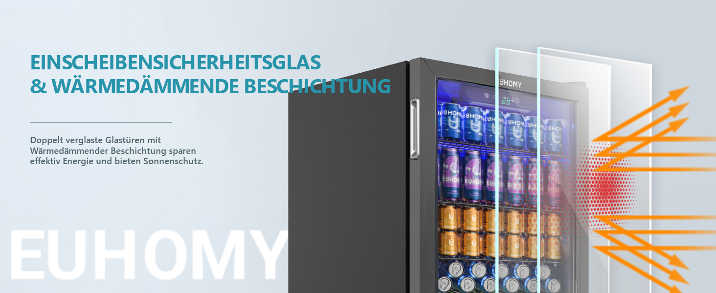 Міні-холодильник EUHOMY на 126 банок з дверцятами зі скла, чорний, з регульованими полицями, 90л, для дому/бару/офісу