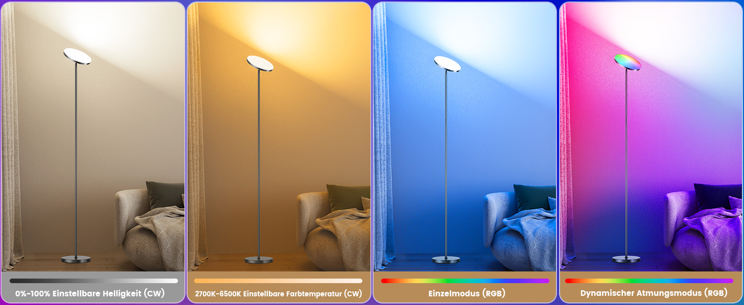 LED-підлогова лампа для вітальні з регулюванням яскравості та RGB-підсвічуванням, 42W, 4200LM, з читацькою лампою та пультом дистанційного керування